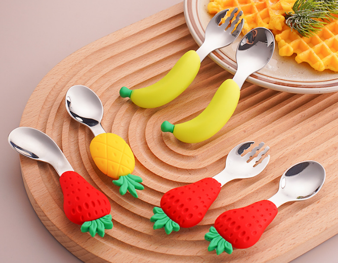silicone and wood fork and spoon for babies